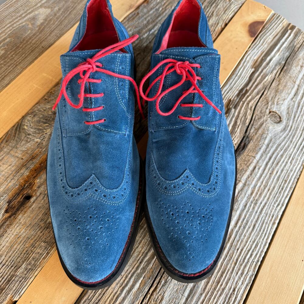 Bugatchi blue suede wing tip dress shoes - loafers - red laces - size 12.5 - Picture 3 of 9
